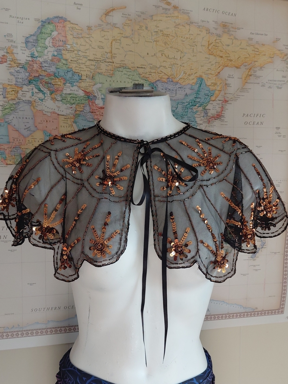 Sheer Chocolate Brown Sequined Capelet - Elegant Evening Top